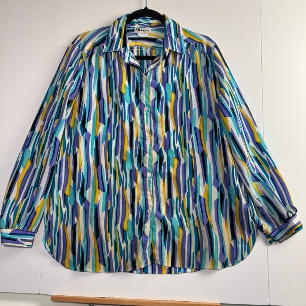All Hours Vintage Abstract Geometric Print Button Up Blouse Blue Yellow 033-252